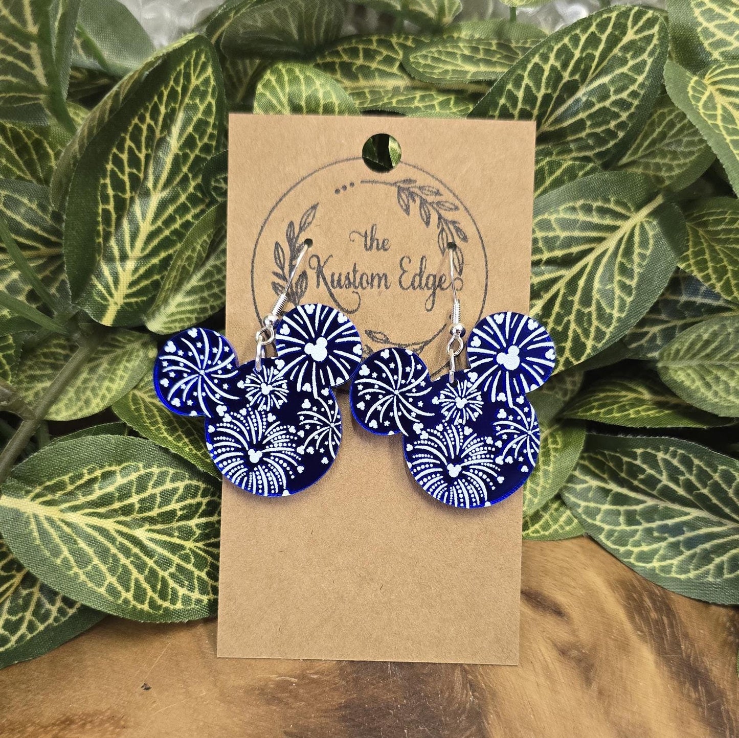 Fireworks Mouse Head Dangle Earrings, Mirror Blue Acrylic, Acrylic Dangle Statement Earrings Patriotic Earrings Summer Earrings Gift For Her