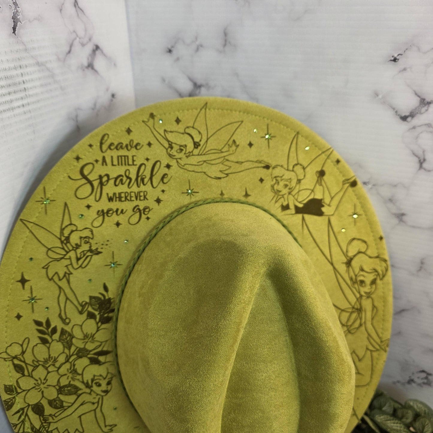 Tinkerbell Sassy Fairy Princess Fedora Burned Hat, Boho Vegan Suede Wide Brim Hat