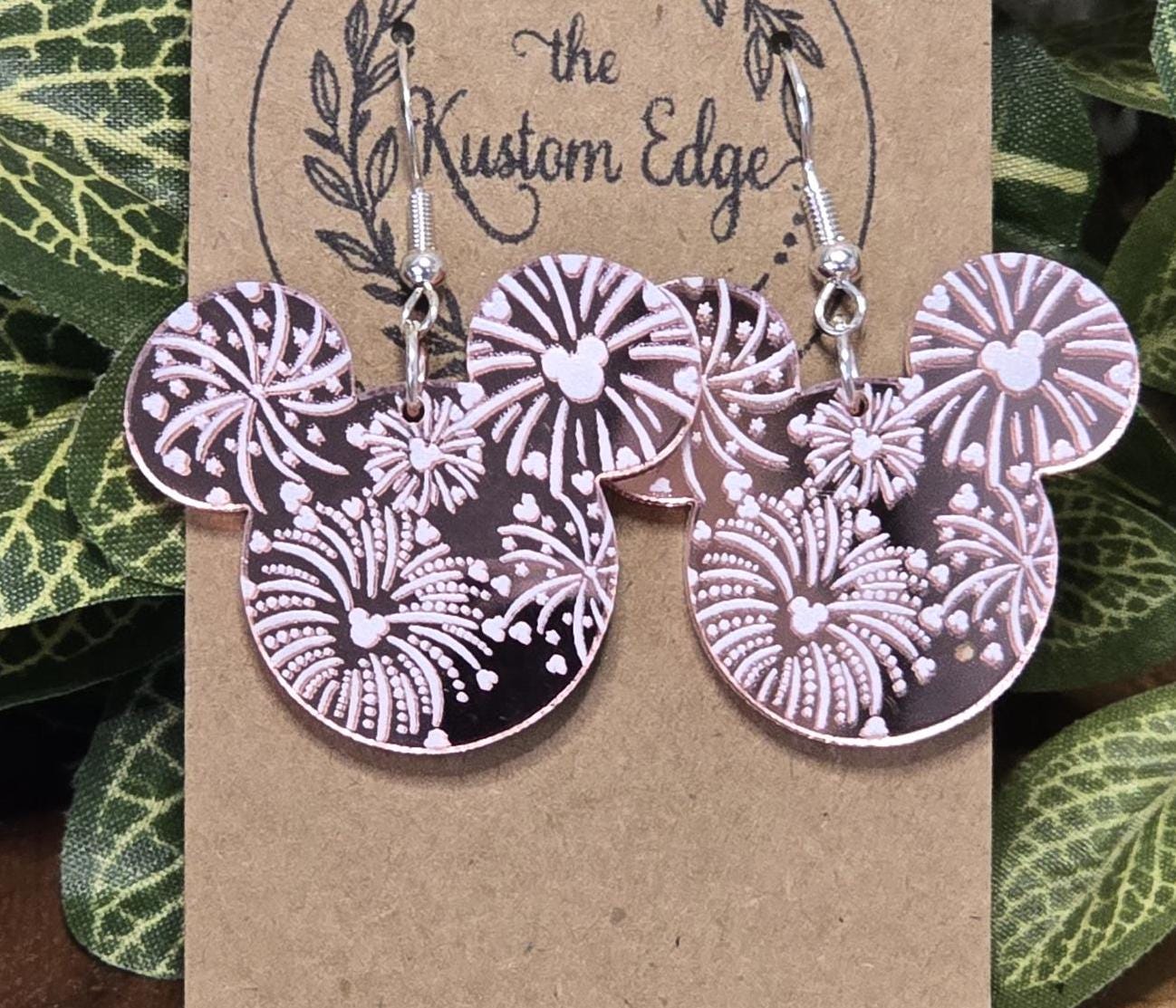 Fireworks Mouse Head Dangle Earrings, Mirror Pink Acrylic, Acrylic Dangle Statement Earrings Patriotic Earrings Summer Earrings Gift For Her