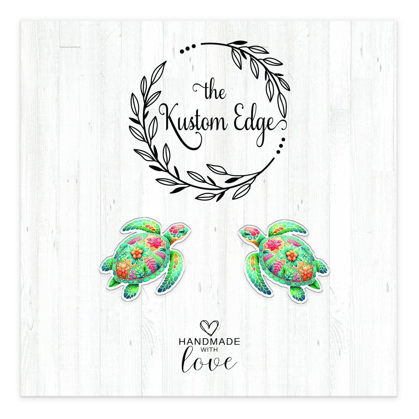 Colorful sea turtle stud earrings on The Kustom Edge branded earring card