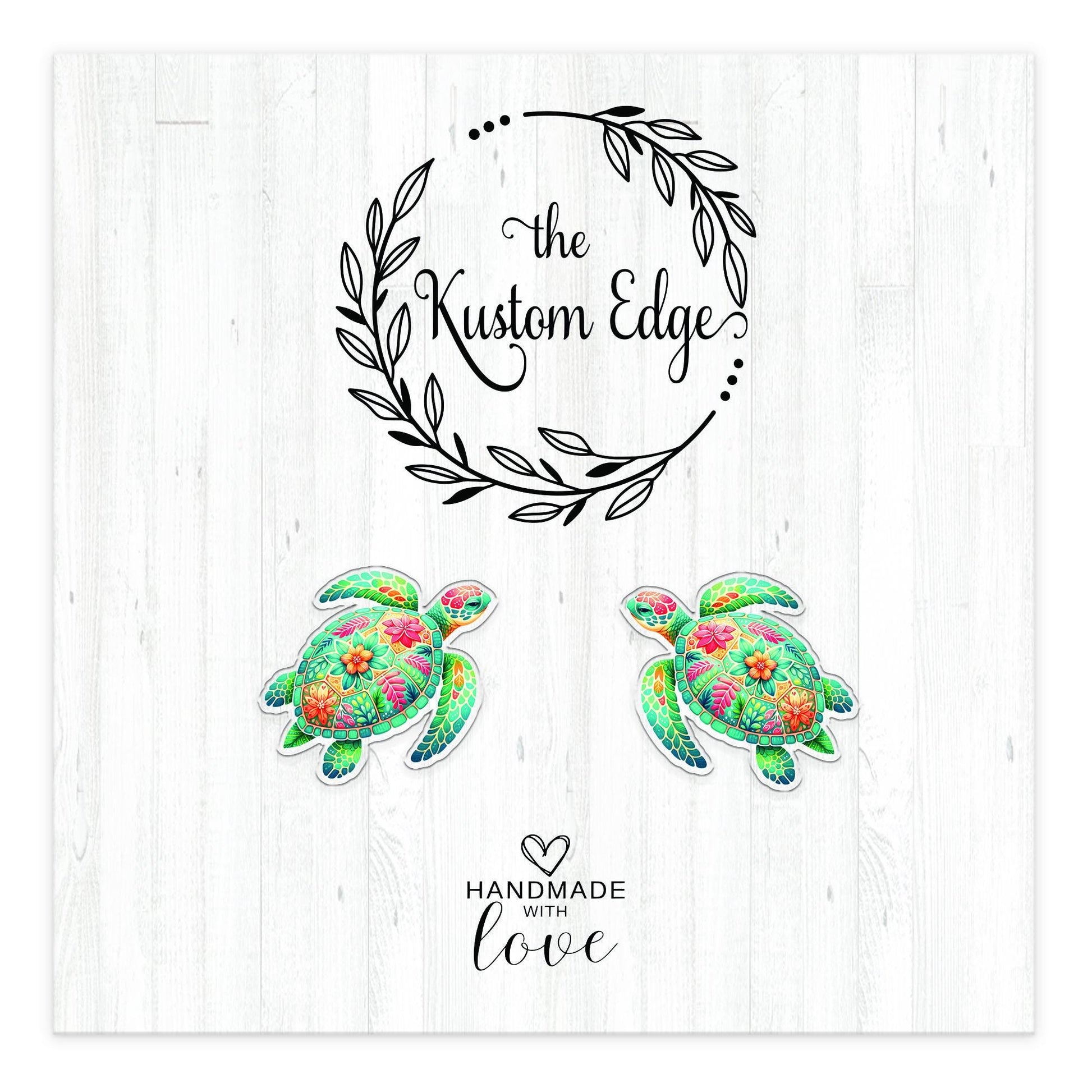 Colorful sea turtle stud earrings on The Kustom Edge branded earring card