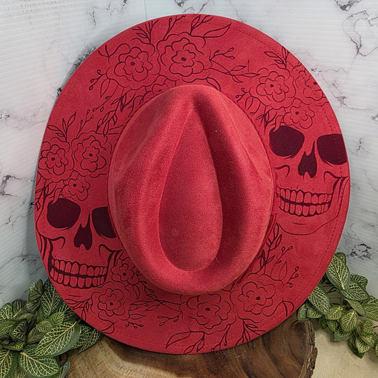 Sugar Skull Floral Wide Brim Hat, Laser Engraved Fedora, Skeleton Flower Hat