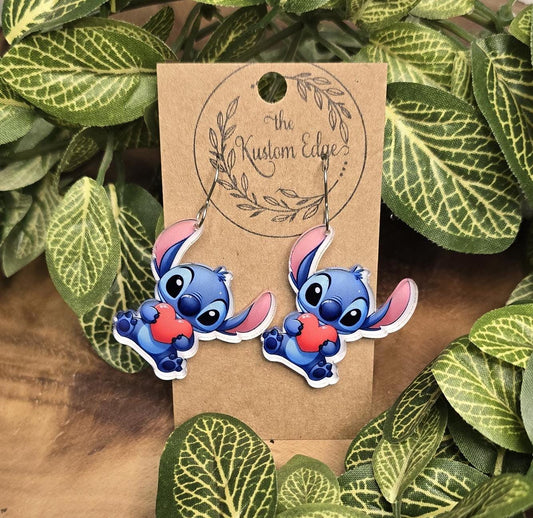 Stitch Valentines Love Dangle Earrings, Stitch Holding a Heart Earrings, Stainless Steel, Dangle Earring Gift For Her, Custom Drop Earrings