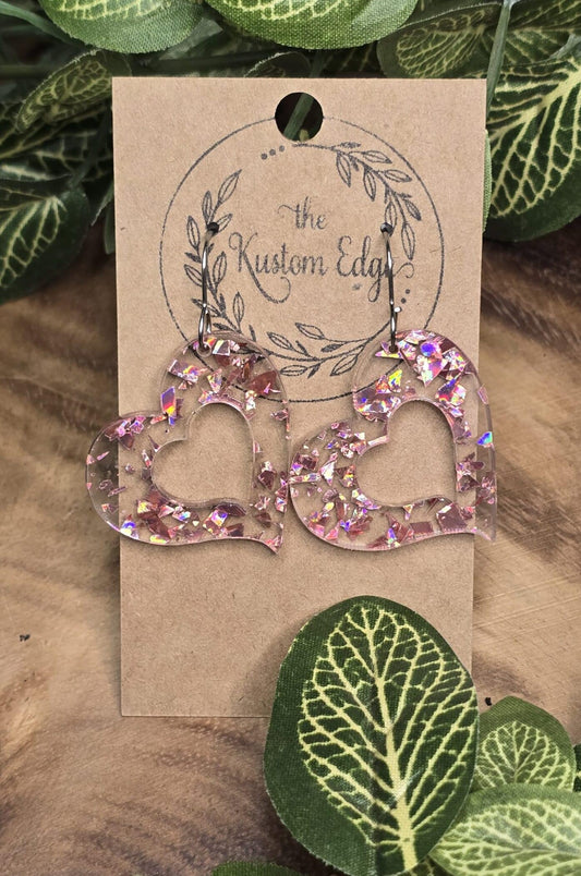 Holographic Glitter Pink Heart Earrings image 0