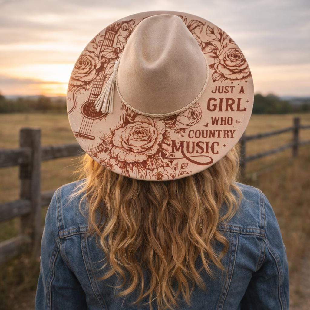 Just a Girl Who Loves Country Music Wide Brim Hat, Cowgirl Concert Gift, Guitar, Boho