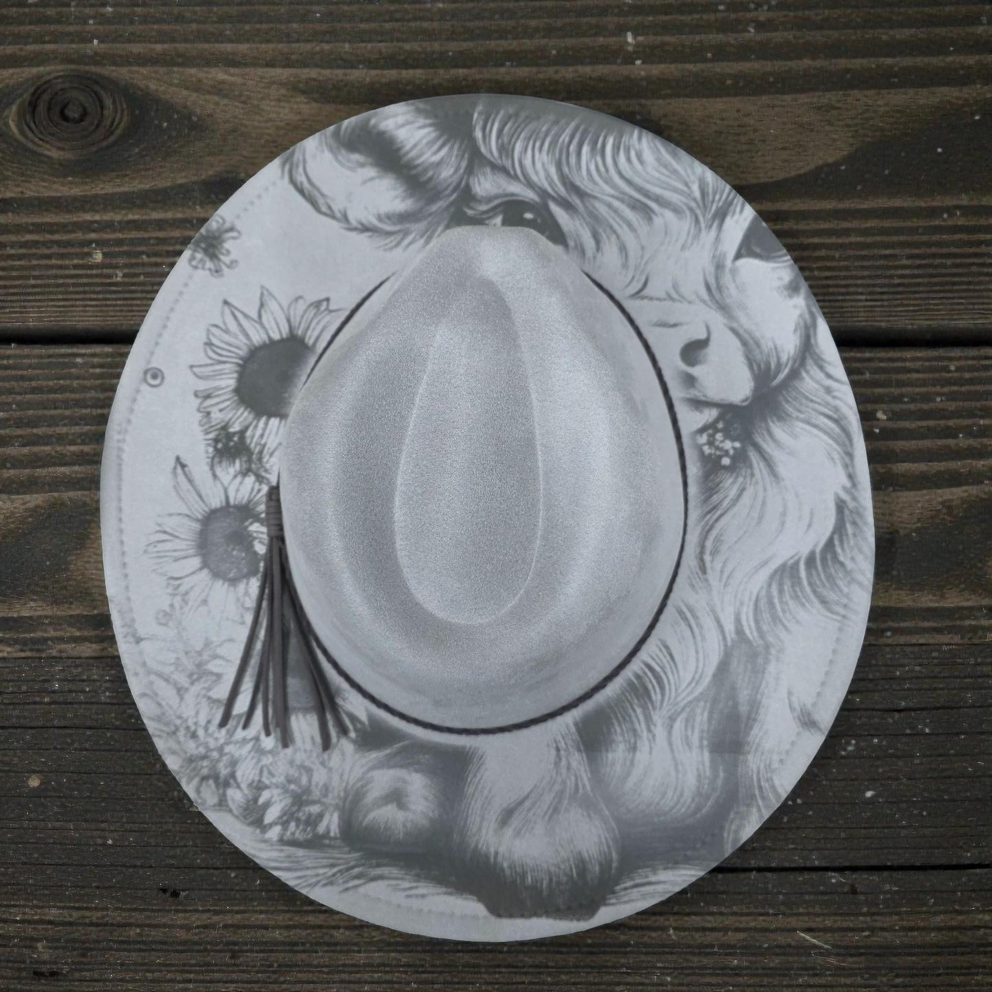 Laser engraved vegan suede wide brim hat with highland cow and sunflower design