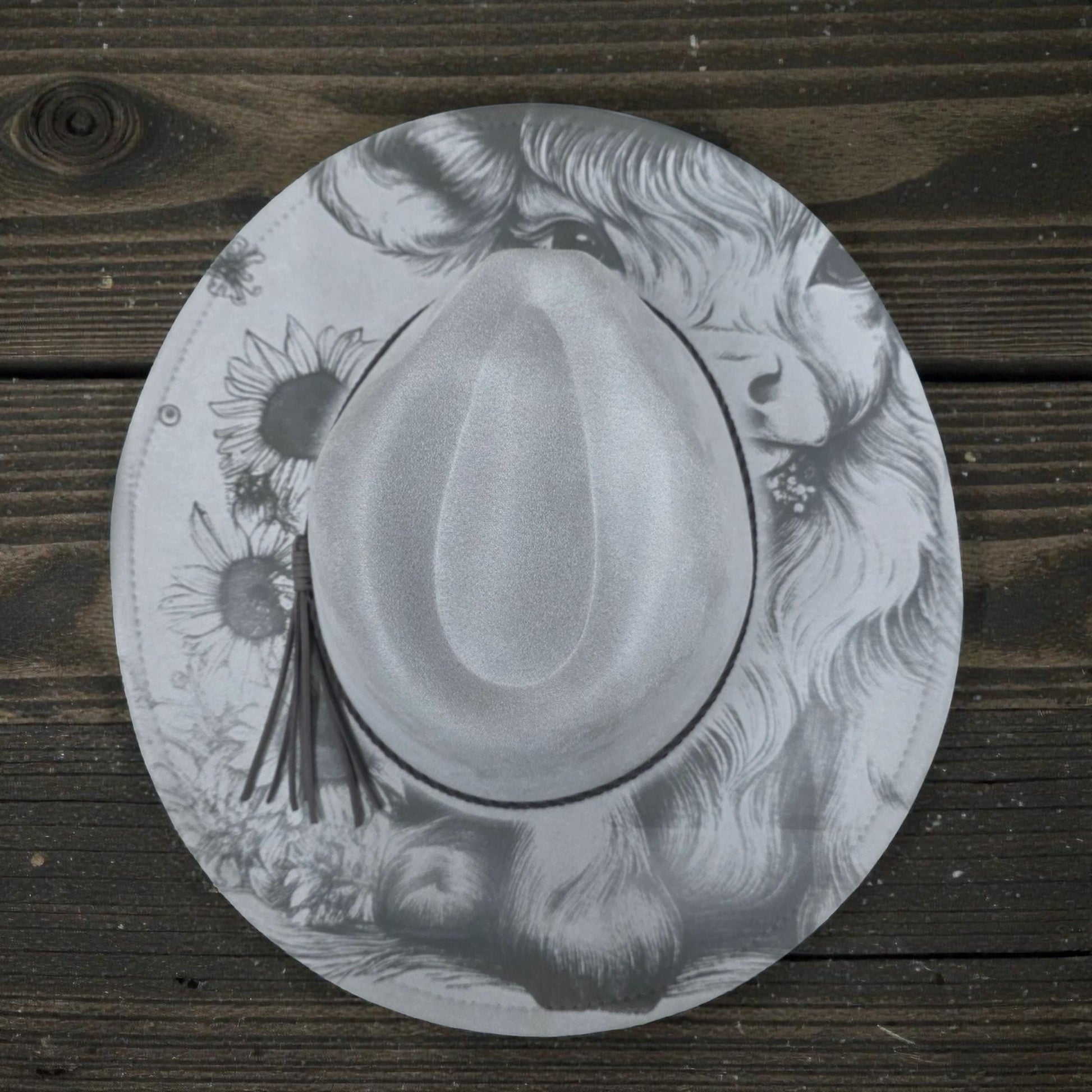 Laser engraved vegan suede wide brim hat with highland cow and sunflower design