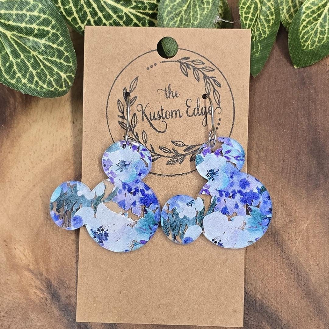 Blue Spring Flowers Mouse Earrings: Lightweight Laser Cut Acrylic Dangles