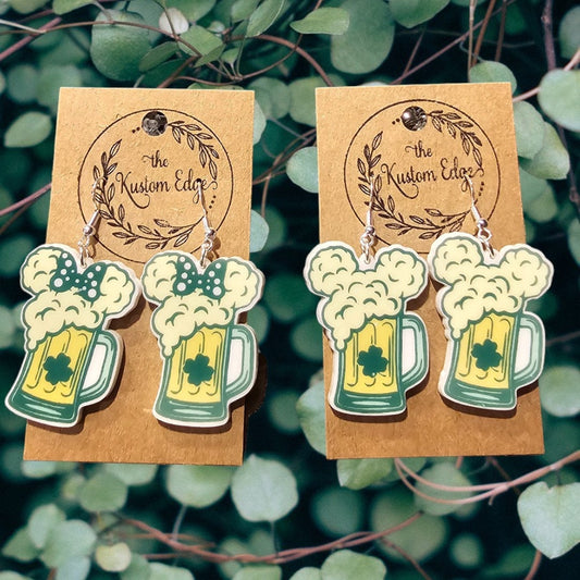 Mickey or Minnie Beer Stein Earrings: St Patrick's Day Dangle Earrings