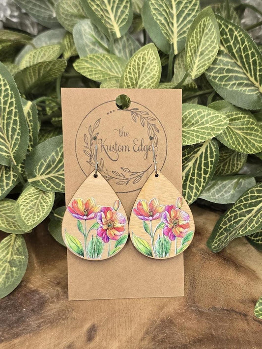 Laser Cut Poppy Flower Wooden Earrings: Hypoallergenic Boho Jewelry