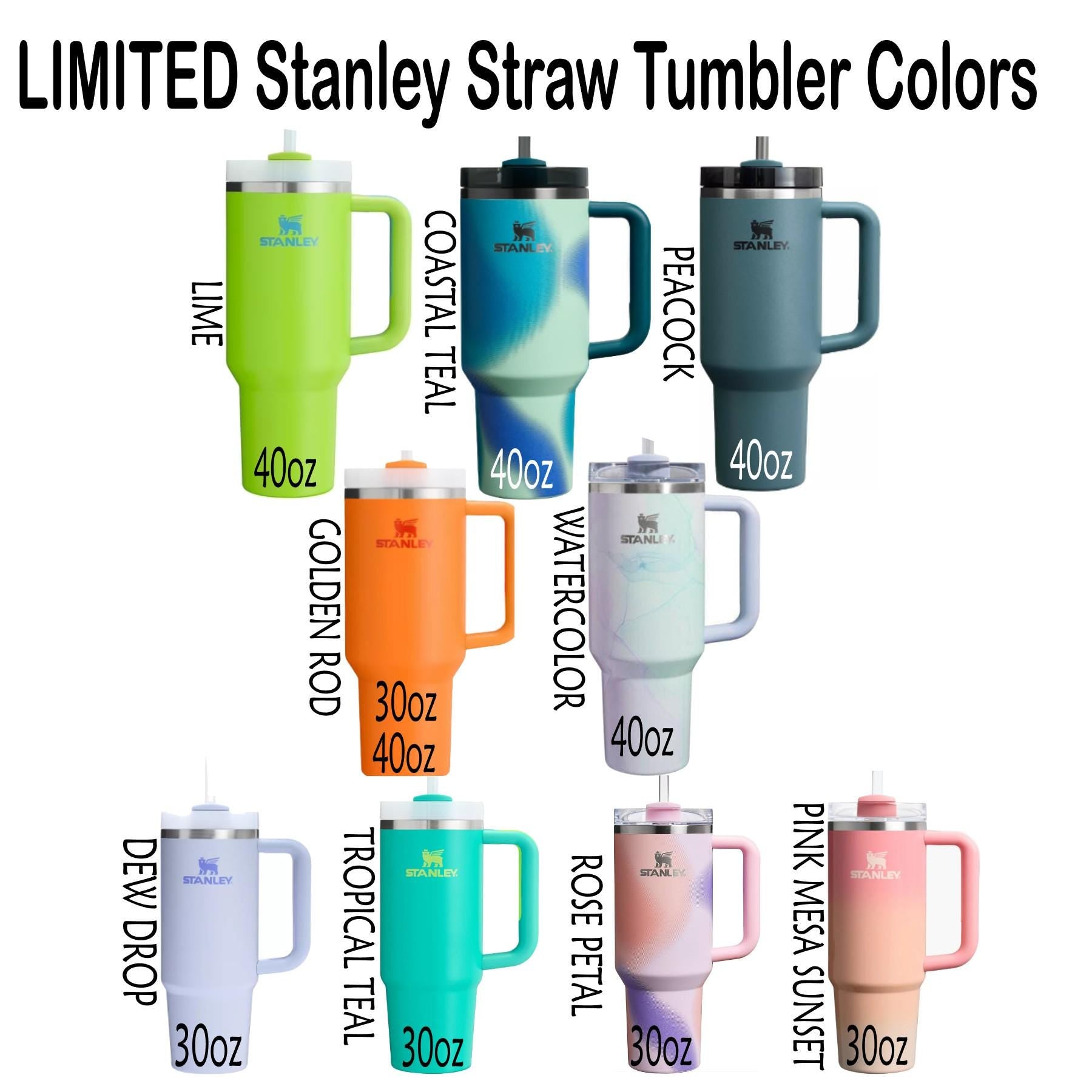a collection of limited Stanley straw tumblers in various colors, including lime green, teal blue, teal green, coastal teal, peacock, watercolor, golden rod, orange, pink, and tropical sunset.