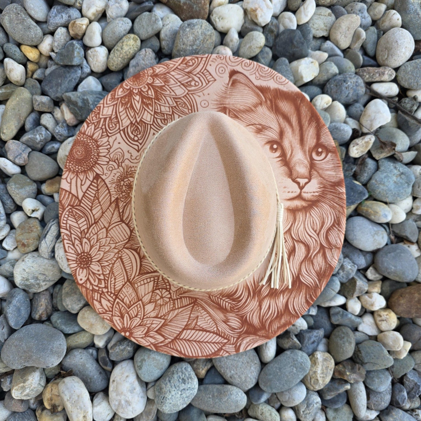 Cat Flowers Wide Brim Hat, Feline Lover Boho Gift, Floral Mandala, Unique Pet Portrait
