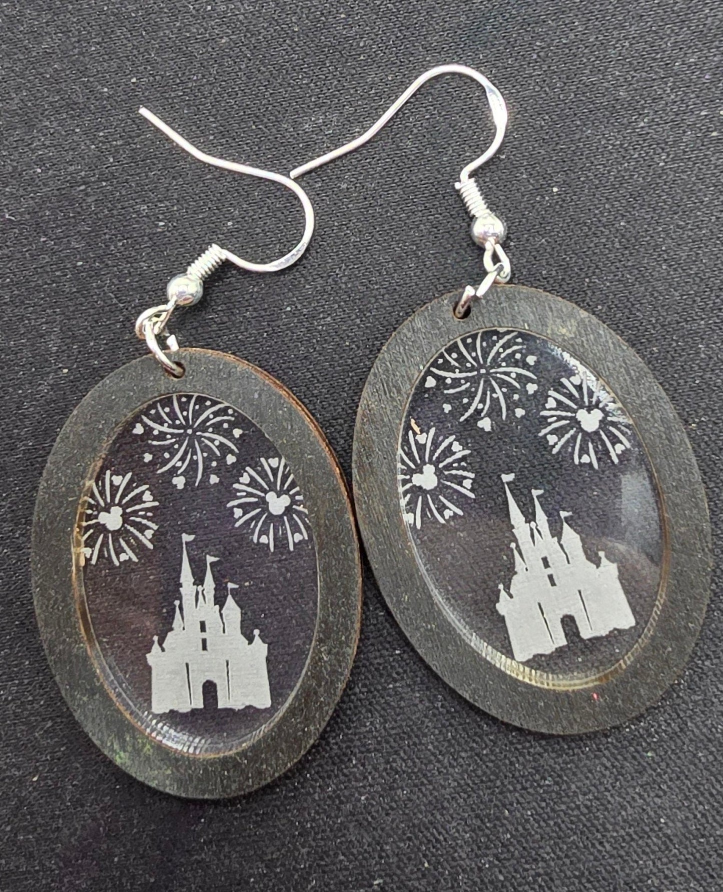 Castle with Fireworks Dangle Earrings, Clear Engraved Acrylic, Laser Cut, Perfect Gift For Her, Handmade Drop Earrings, Magical Earrings