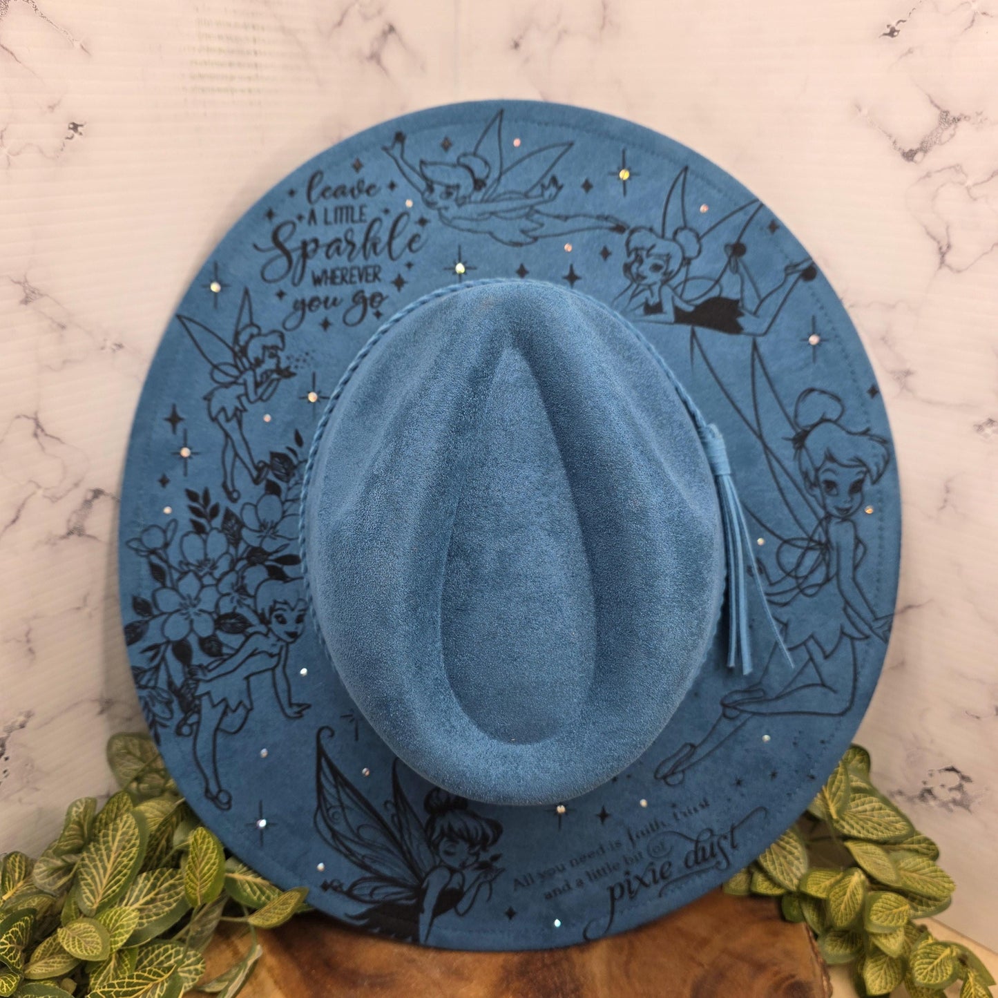 Tinkerbell Sassy Fairy Princess Fedora Burned Hat, Boho Vegan Suede Wide Brim Hat