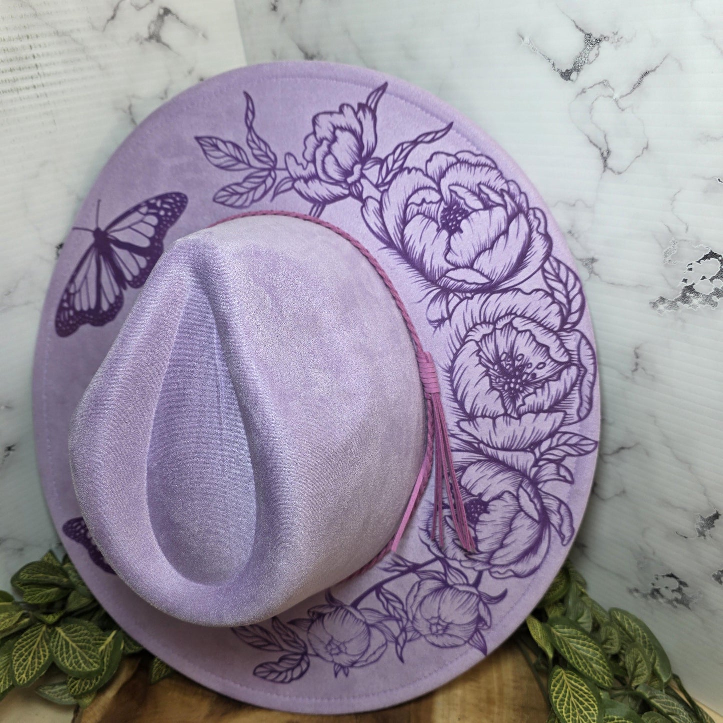 Butterfly Engraved Wide Brim Hat, Boho Western Vegan Suede Fedora, Floral Boutique Festival Fashion