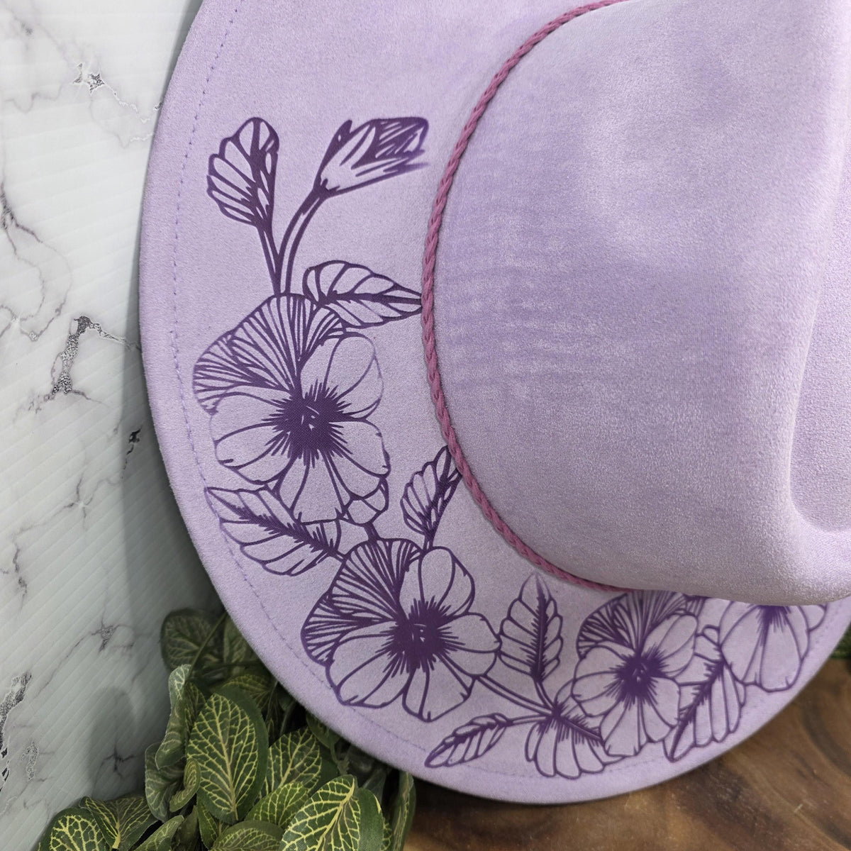 Pansy Floral Wide Brim Hat, Laser Engraved Fedora, Boho Flower Gift, Women's Floral Cap