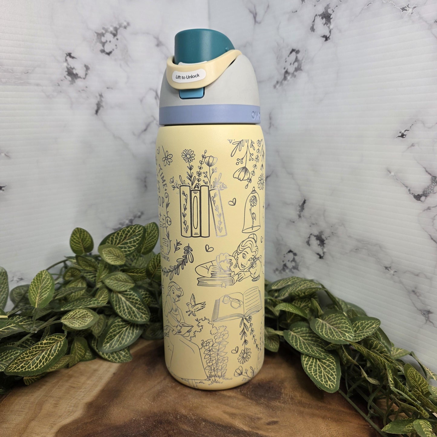 Princess Belle with Books Laser Engraved Owala Tumbler, Book Lover Gift, Personalized Water Bottle