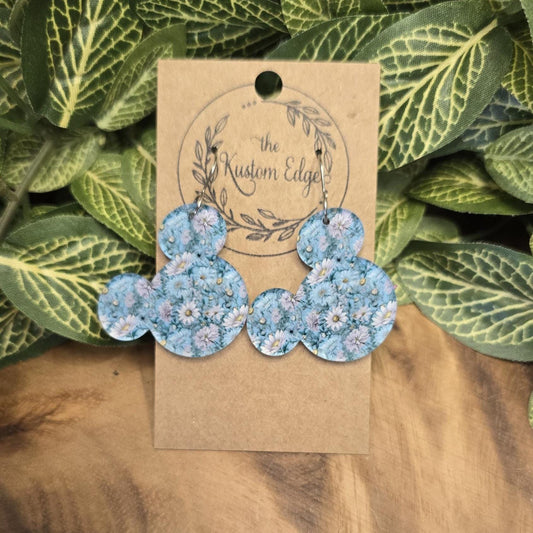 Blue Flower Mouse Dangle Earrings: Lightweight Laser Cut Acrylic, Handmade