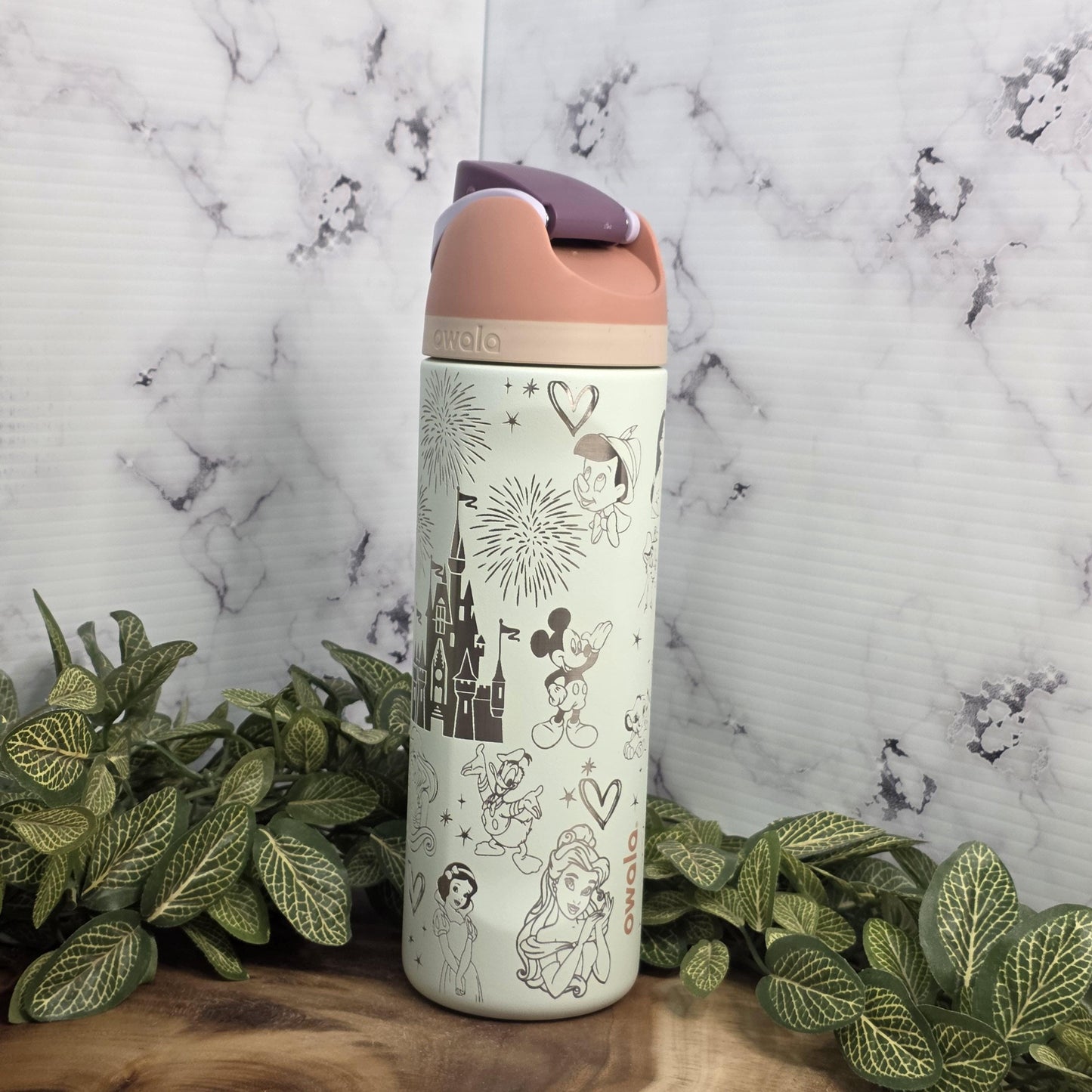 Laser engraved Owala tumbler with princess castle and character artwork