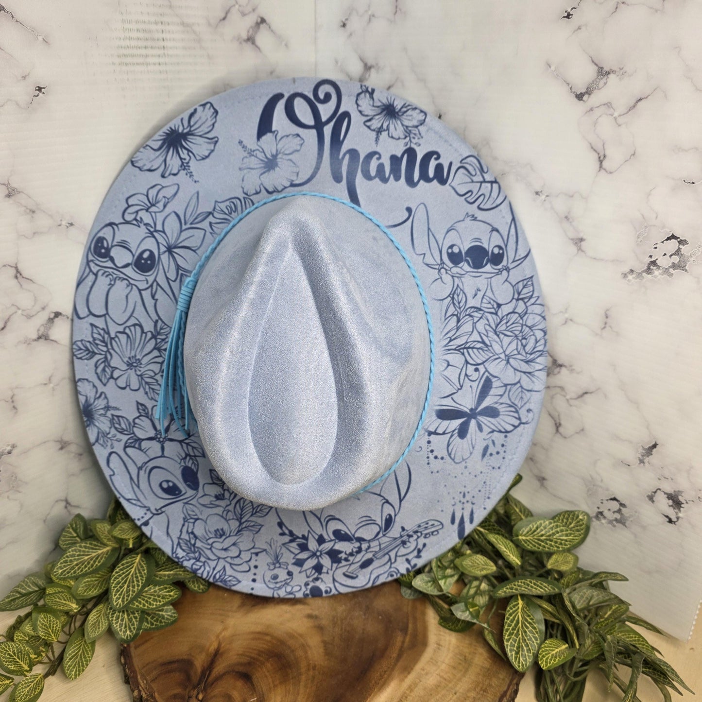 Stitch and Lilo Hawaiian themed laser engraved vegan suede wide brim hat