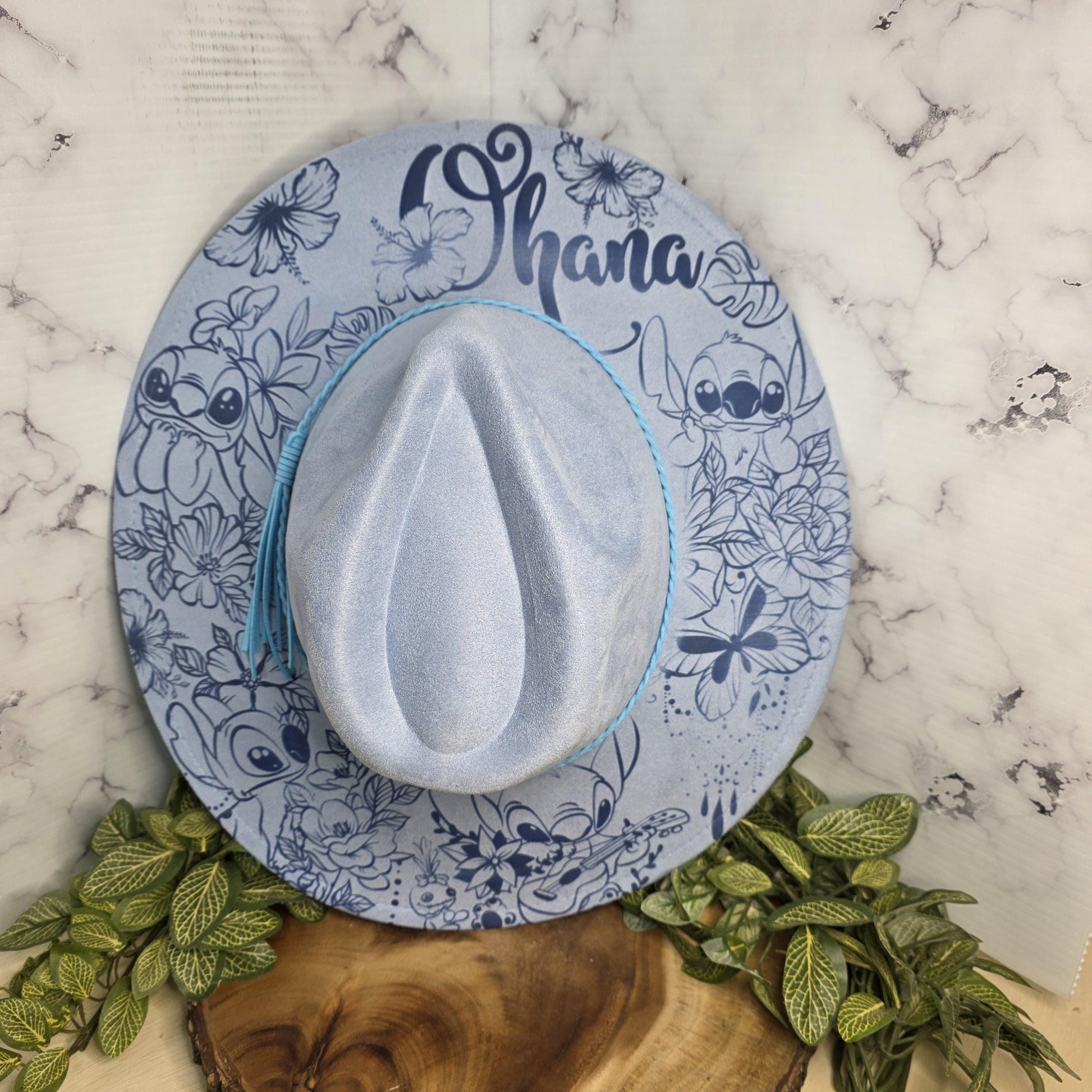 Stitch and Lilo Hawaiian themed laser engraved vegan suede wide brim hat