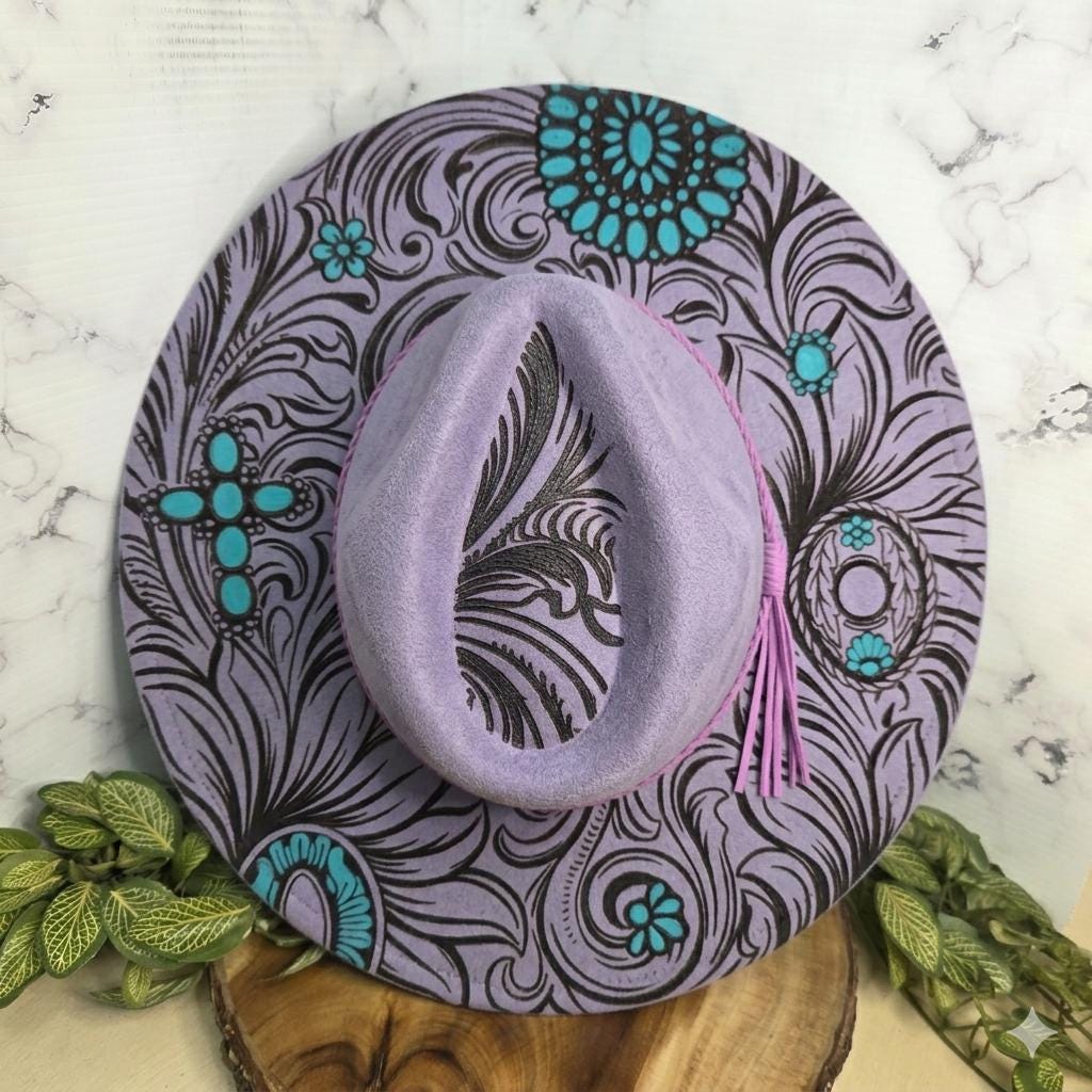 Western Turquoise Engraved Wide Brim Hat, Boho Cowgirl Vegan Suede Fedora, Boutique Rodeo Fashion