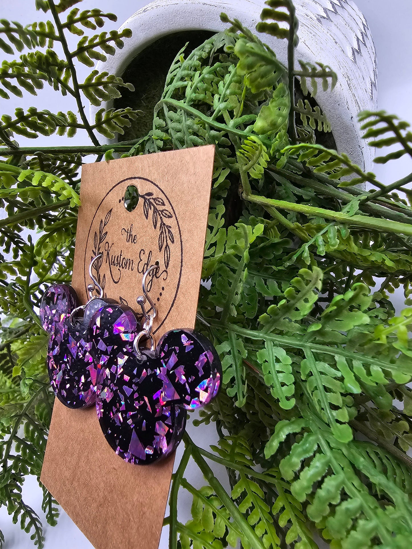 Flake Glitter Mouse Head Dangle Earrings: Laser Cut Acrylic