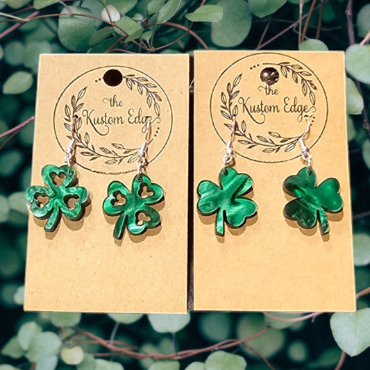 St Patrick's Day Dangle Earrings: Green Acrylic Shamrock, Laser Cut