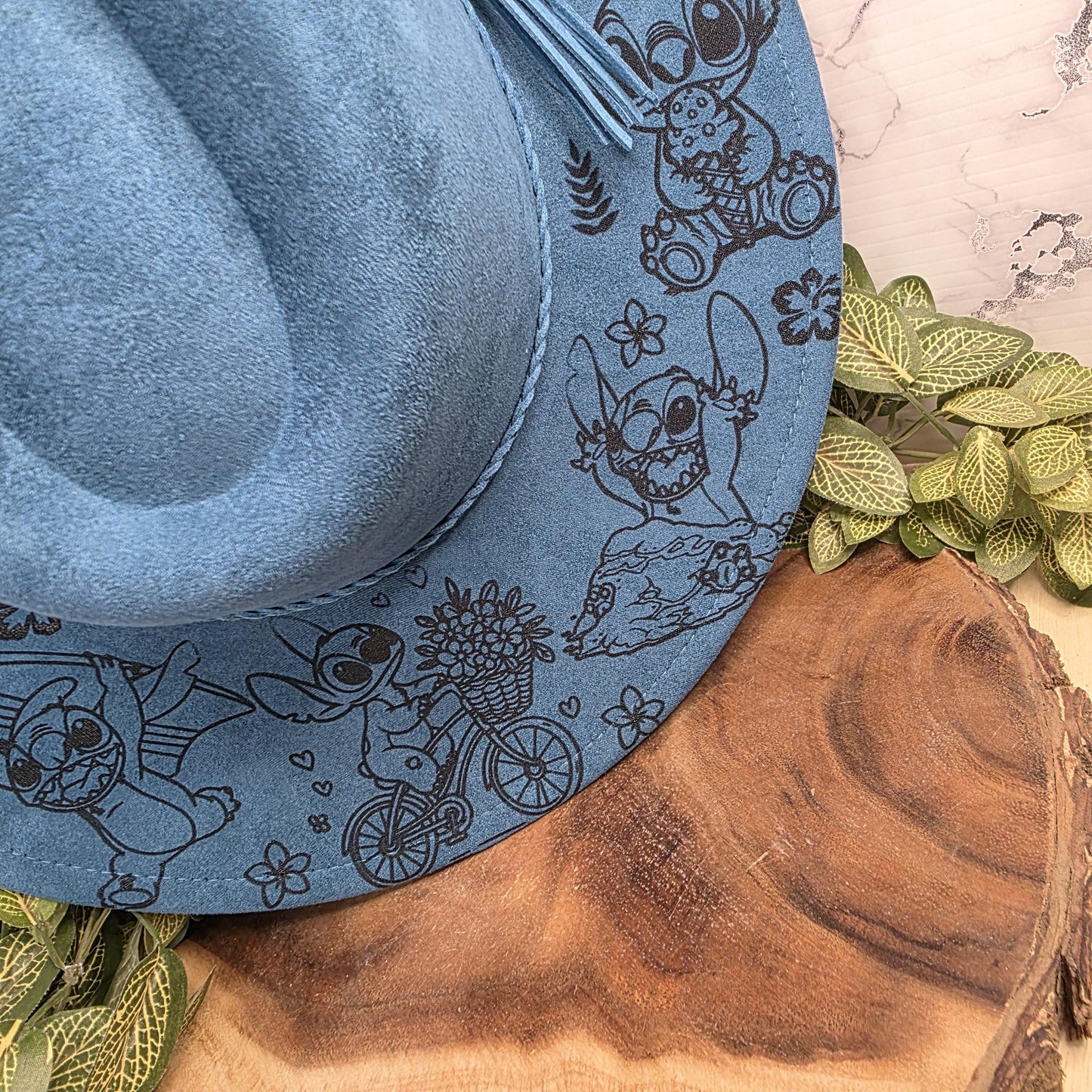 Summertime Stitch Fedora Burned Hat, Silly Alien, Characters, Boho Vegan Suede Wide Brim Hat
