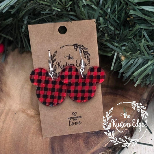 Red Plaid Mouse Earrings, Acrylic Dangle Earrings, Light Weight Winter Holiday