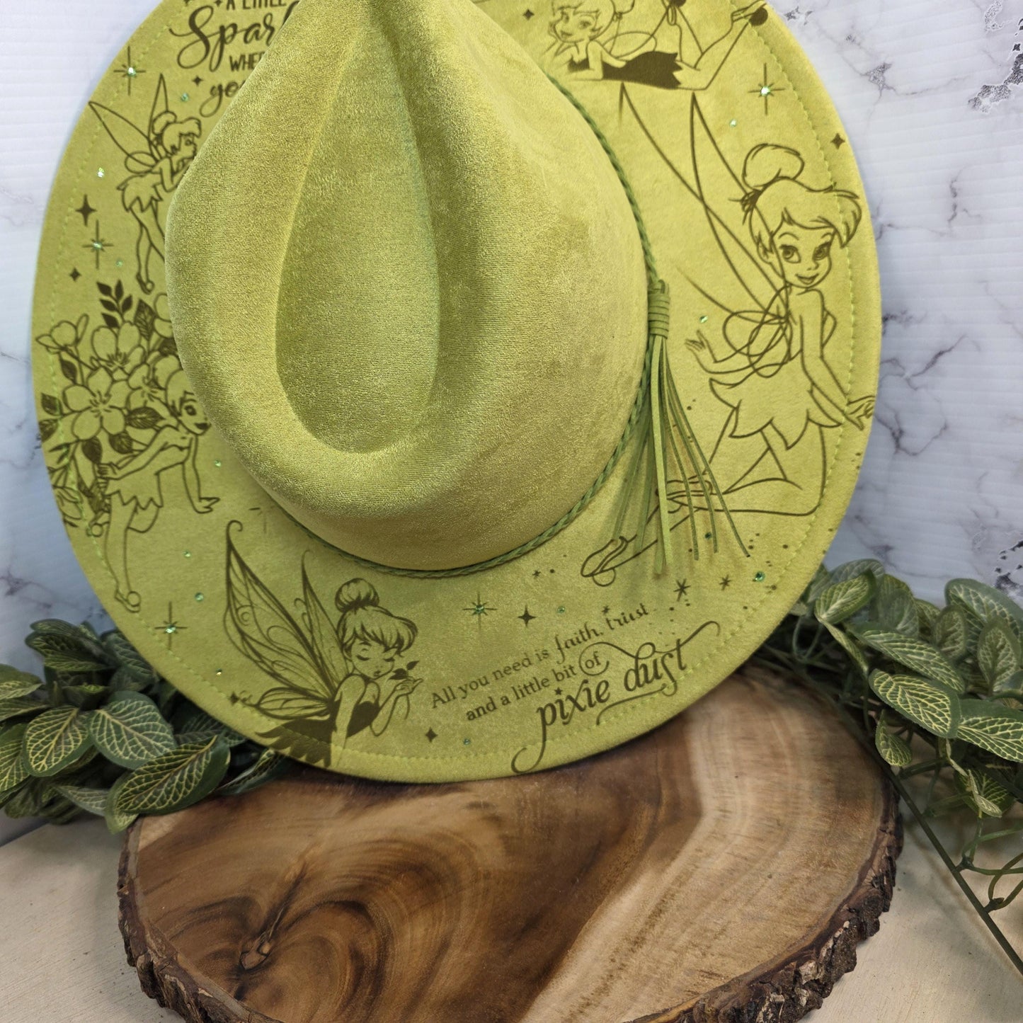 Tinkerbell Sassy Fairy Princess Fedora Burned Hat, Boho Vegan Suede Wide Brim Hat