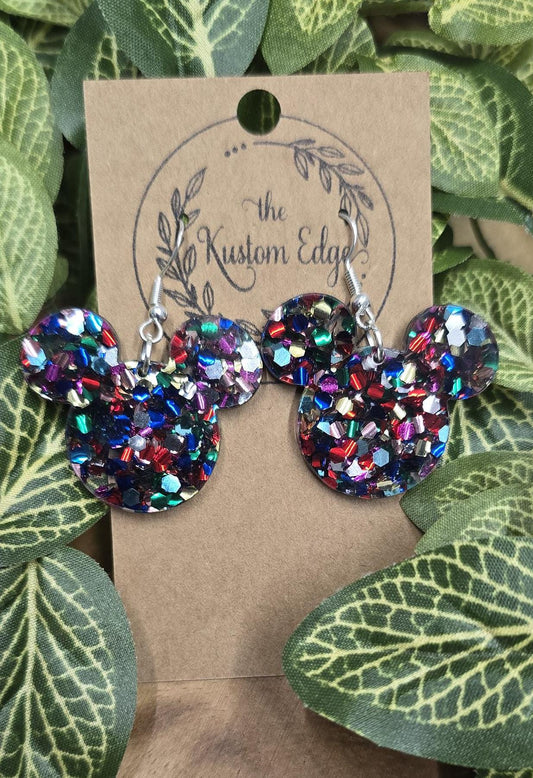 Mouse Head Confetti Dangle Earrings, Chunky Glitter Acrylic, Laser Cut, Perfect Gift For Her, Handmade Drop Earrings, Magical Earrings