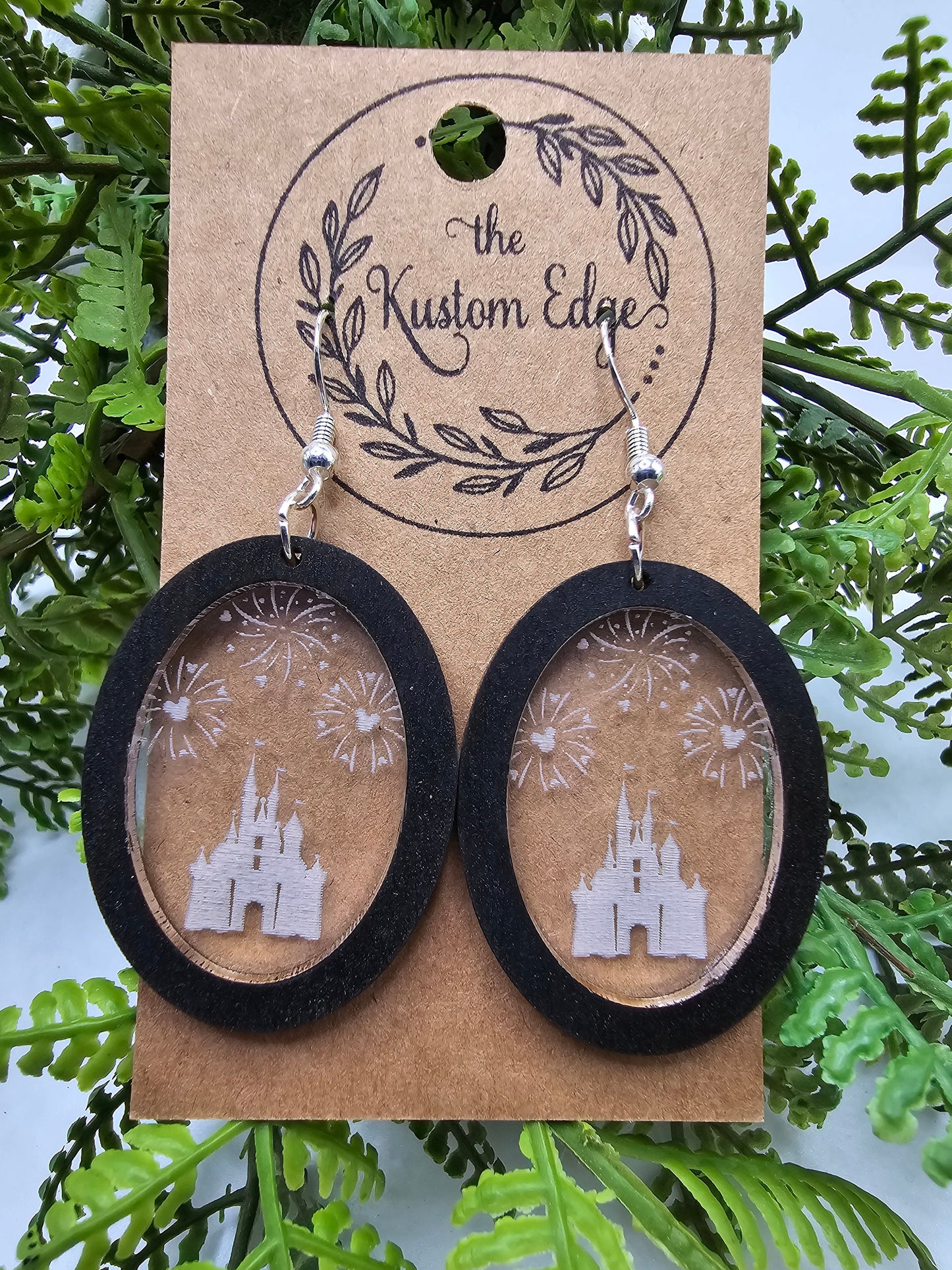 Castle with Fireworks Dangle Earrings, Clear Engraved Acrylic, Laser Cut, Perfect Gift For Her, Handmade Drop Earrings, Magical Earrings