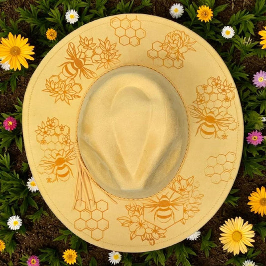 Bee Honeycomb Wide Brim Hat, Honeybee Boho Cap, Gift Women, Floral Nature Fedora