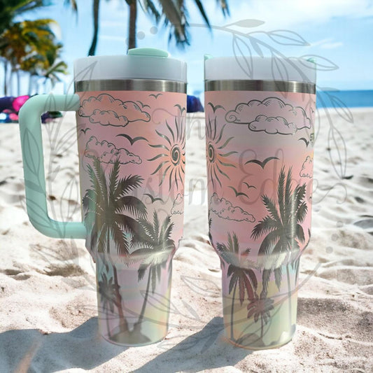Laser engraved beach scene tumbler with palm trees and sunset