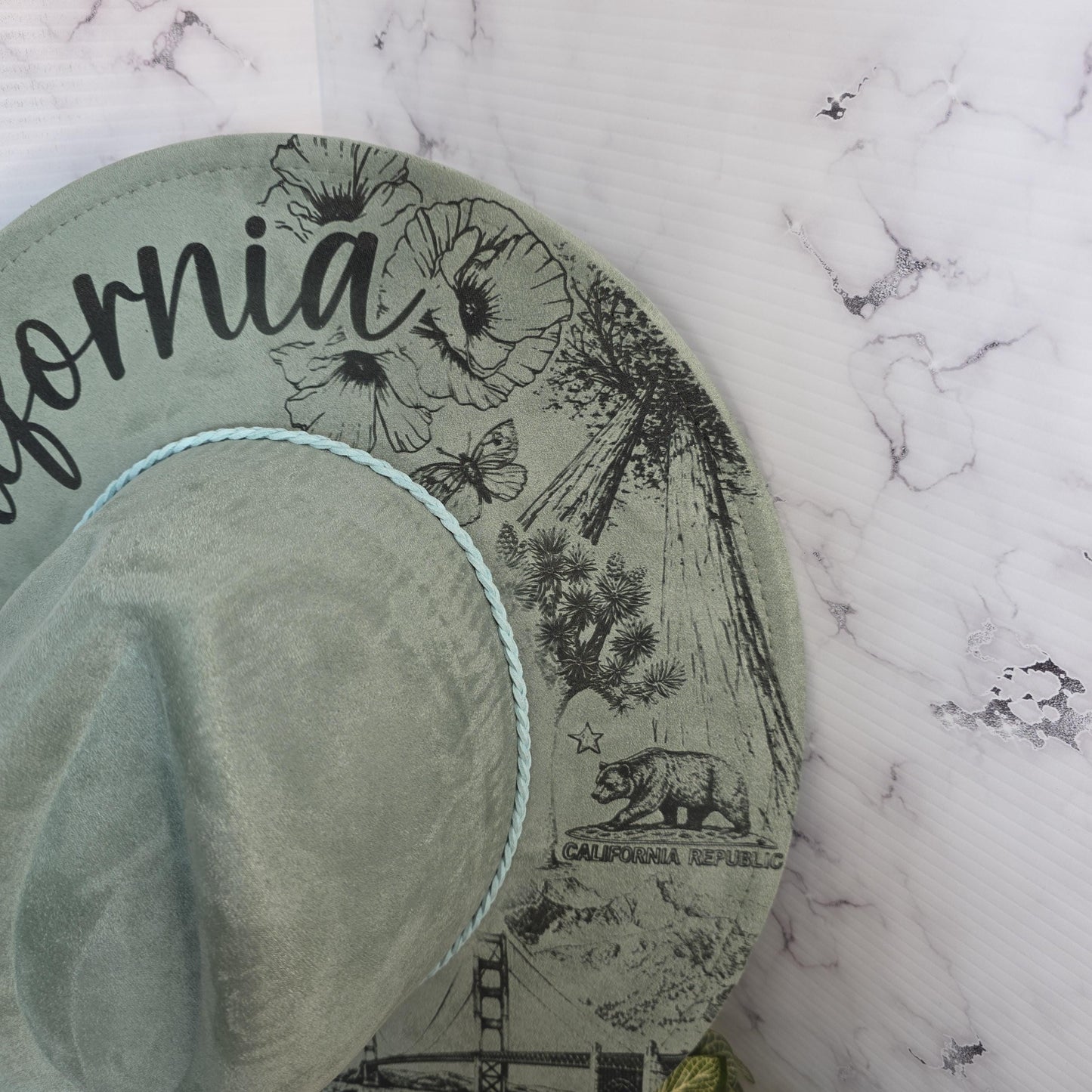 California Wide Brim Hat, Golden State Gift, West Coast Boho, Palm Trees, Poppies