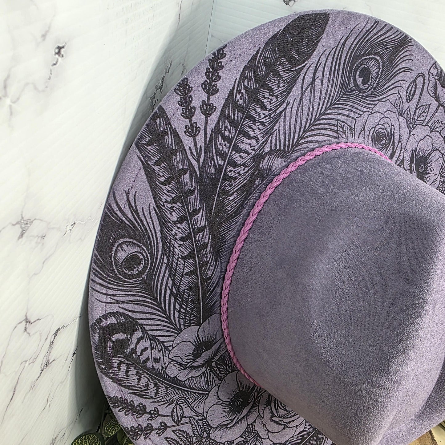 Feather Engraved Wide Brim Hat, Boho Western Vegan Suede Fedora, Boutique Festival Statement