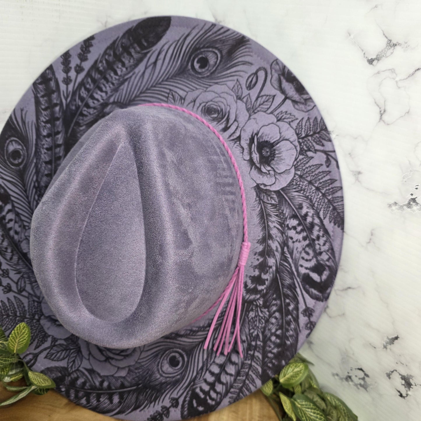 Feather Engraved Wide Brim Hat, Boho Western Vegan Suede Fedora, Boutique Festival Statement