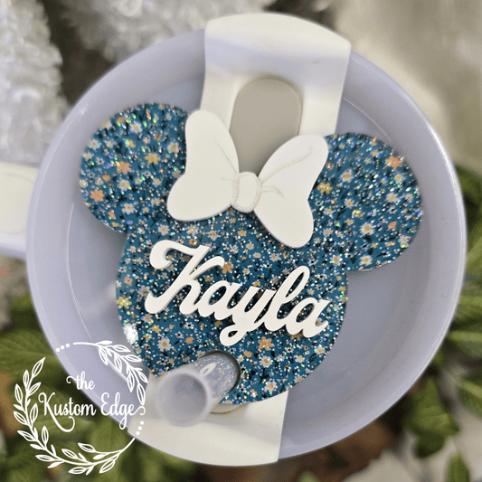 Tumbler Topper, Glitter Blue Spring Flower Mouse Ears image 0