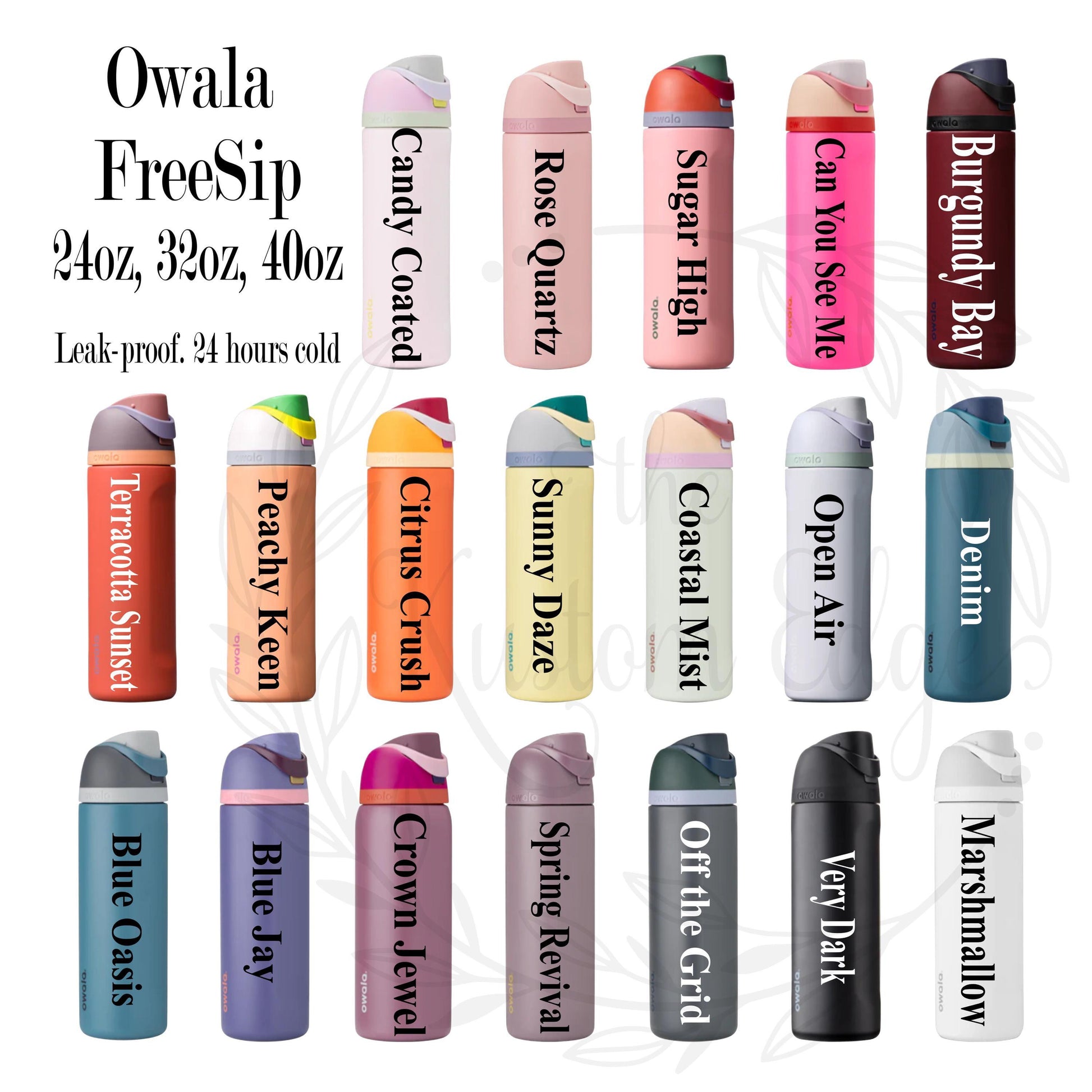 a collection of colorful 24-ounce, 32-ounce, and 40-ounce bottles with various designs and labels, including "Owala FreeSip", "Candy Coated", "Sugar High", "Rose Quartz", "Citrus Kick", "Sunny Daze", "Coastal Mist", "Open Air", "Denim", "Blue Oasis", "Crown Jewel", "Spring Revival", "Off the Grid", and "Marshmallow".