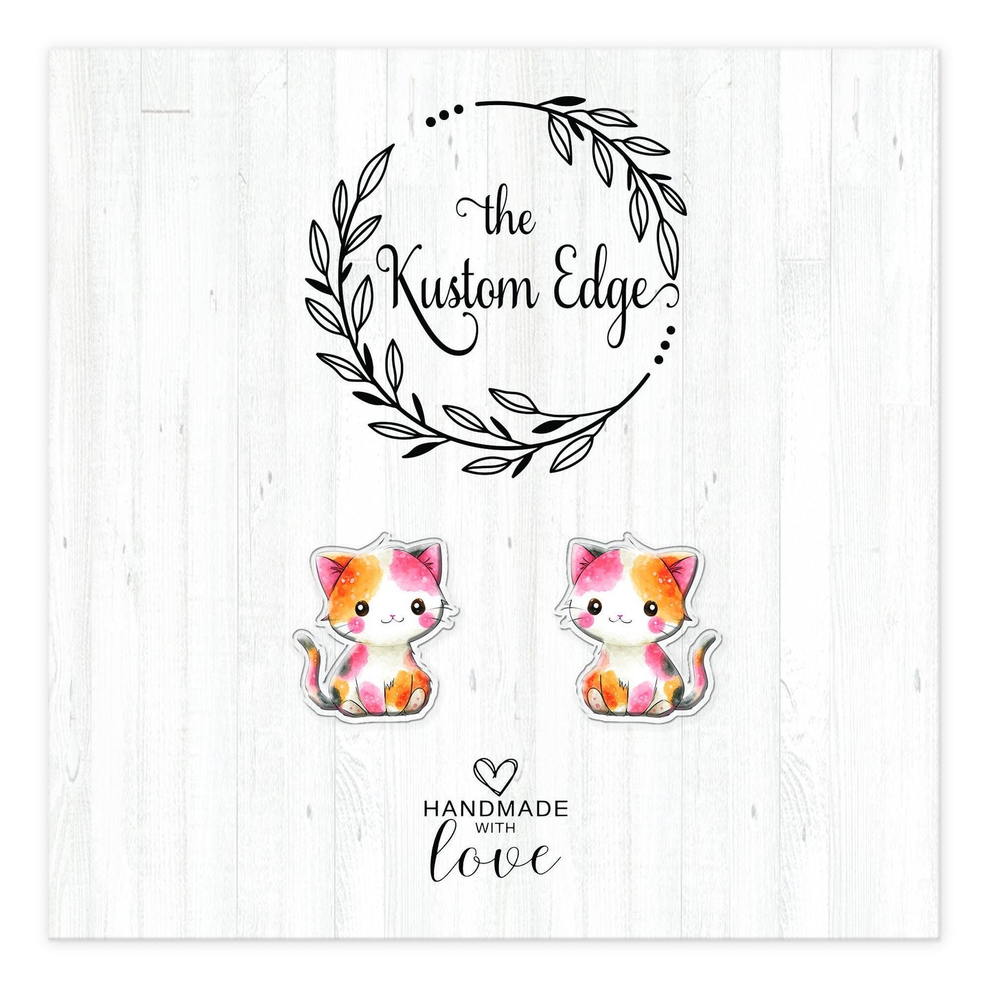 Watercolor kitten stud earrings on The Kustom Edge branded earring card