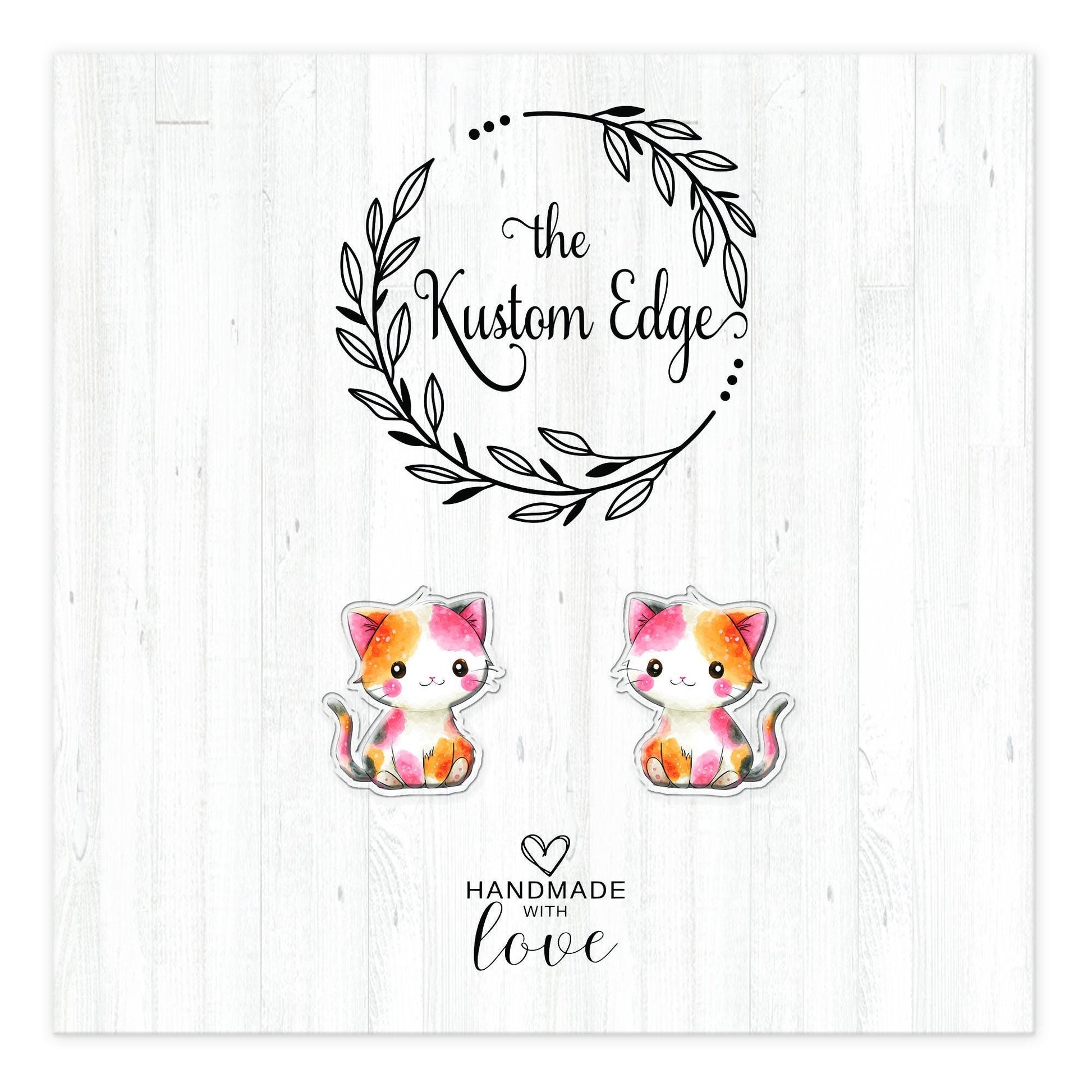 Watercolor kitten stud earrings on The Kustom Edge branded earring card