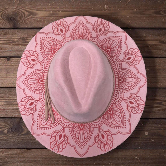 Pink mandala laser engraved vegan suede wide brim hat flat lay