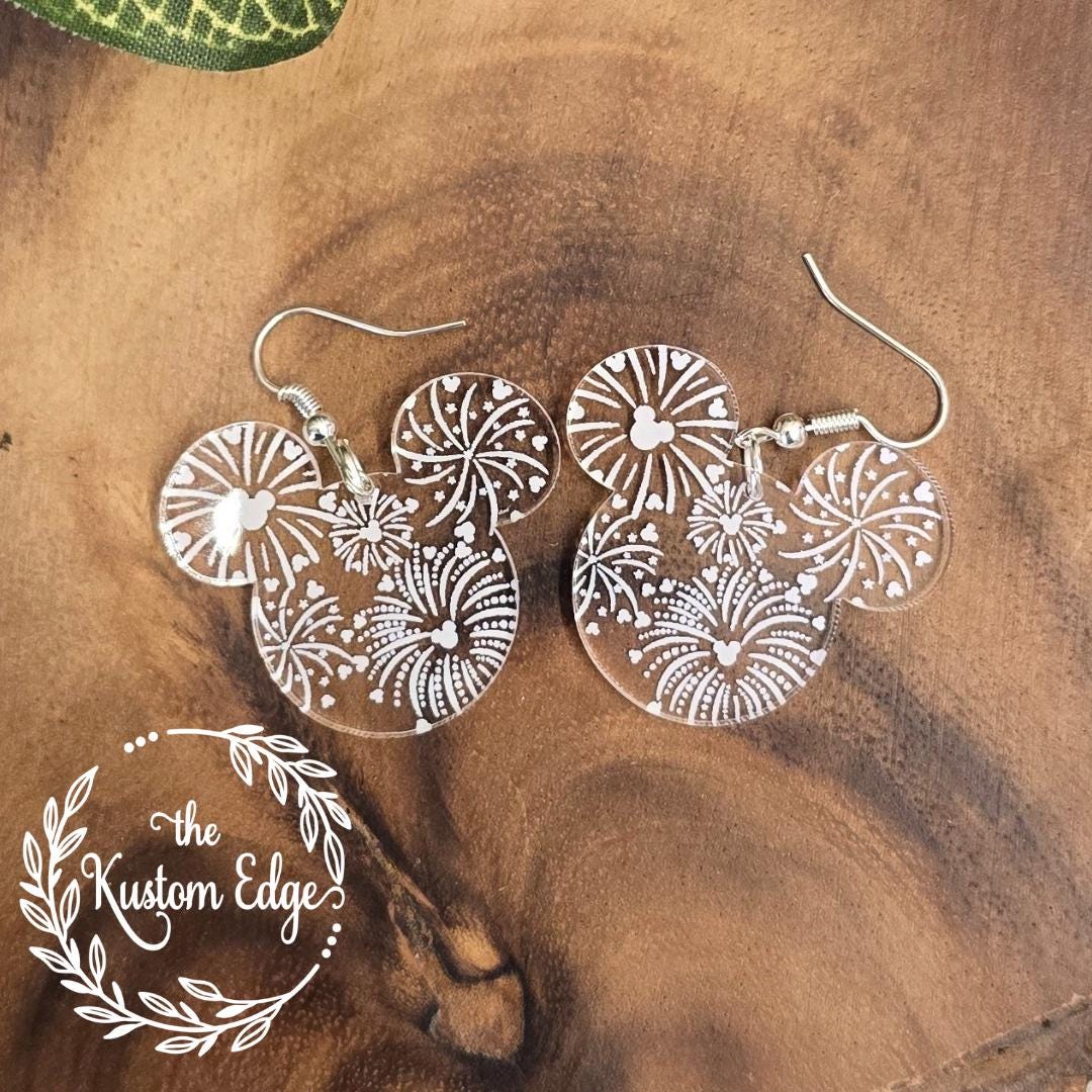 Fireworks Mouse Head Dangle Earrings, Clear Acrylic Earrings Statement Earrings, Patriotic Earrings, Summer Dangles Gift For Her Mouse Shape