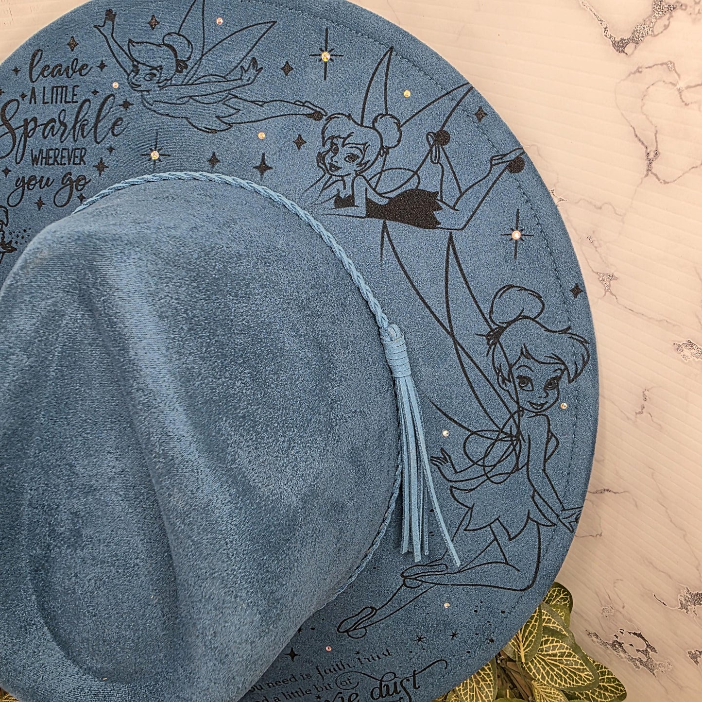 Tinkerbell Sassy Fairy Princess Fedora Burned Hat, Boho Vegan Suede Wide Brim Hat