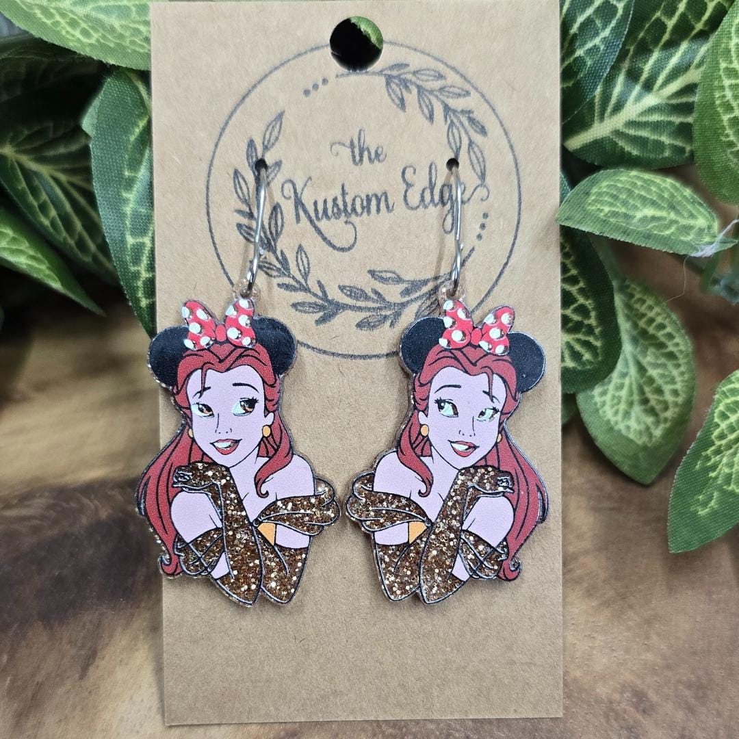 Princess Belle Acrylic Earrings: Gold Glitter, Stainless Steel, Magical Mouse