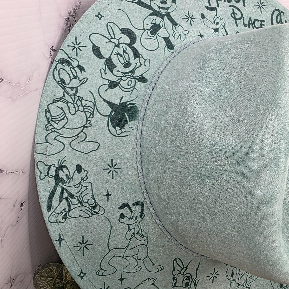 Magical Character Engraved Wide Brim Fedora Hat Happiest Place On Earth Vacation