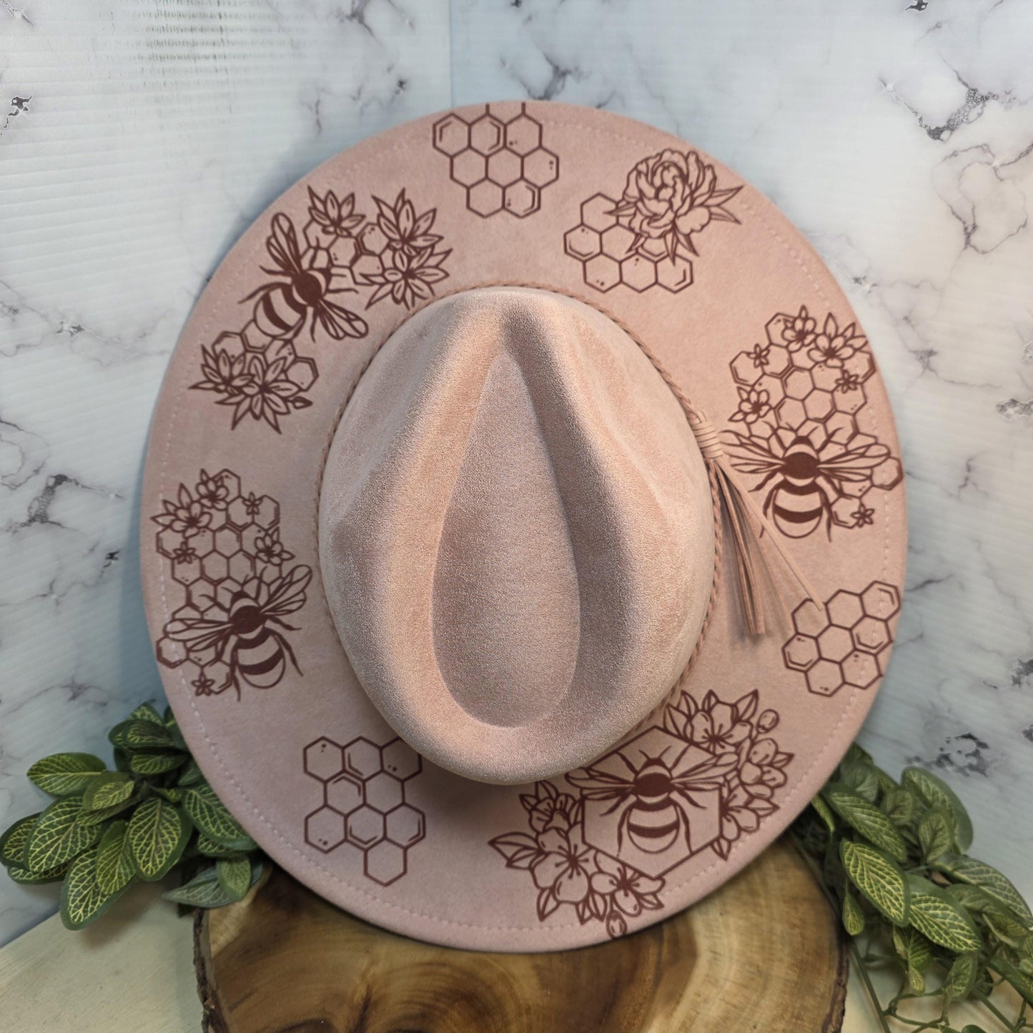 Bee Honeycomb Wide Brim Hat, Honeybee Boho Cap, Gift Women, Floral Nature Fedora
