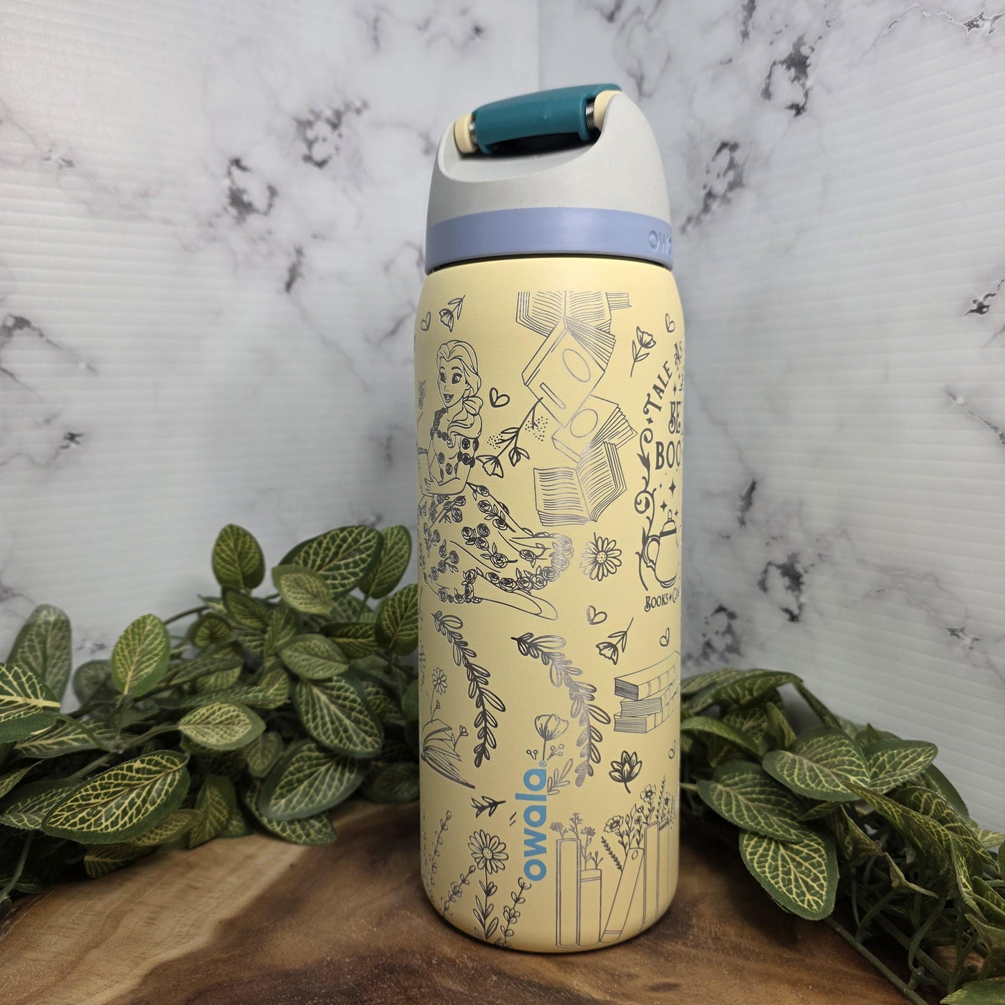 Princess Belle with Books Laser Engraved Owala Tumbler, Book Lover Gift, Personalized Water Bottle