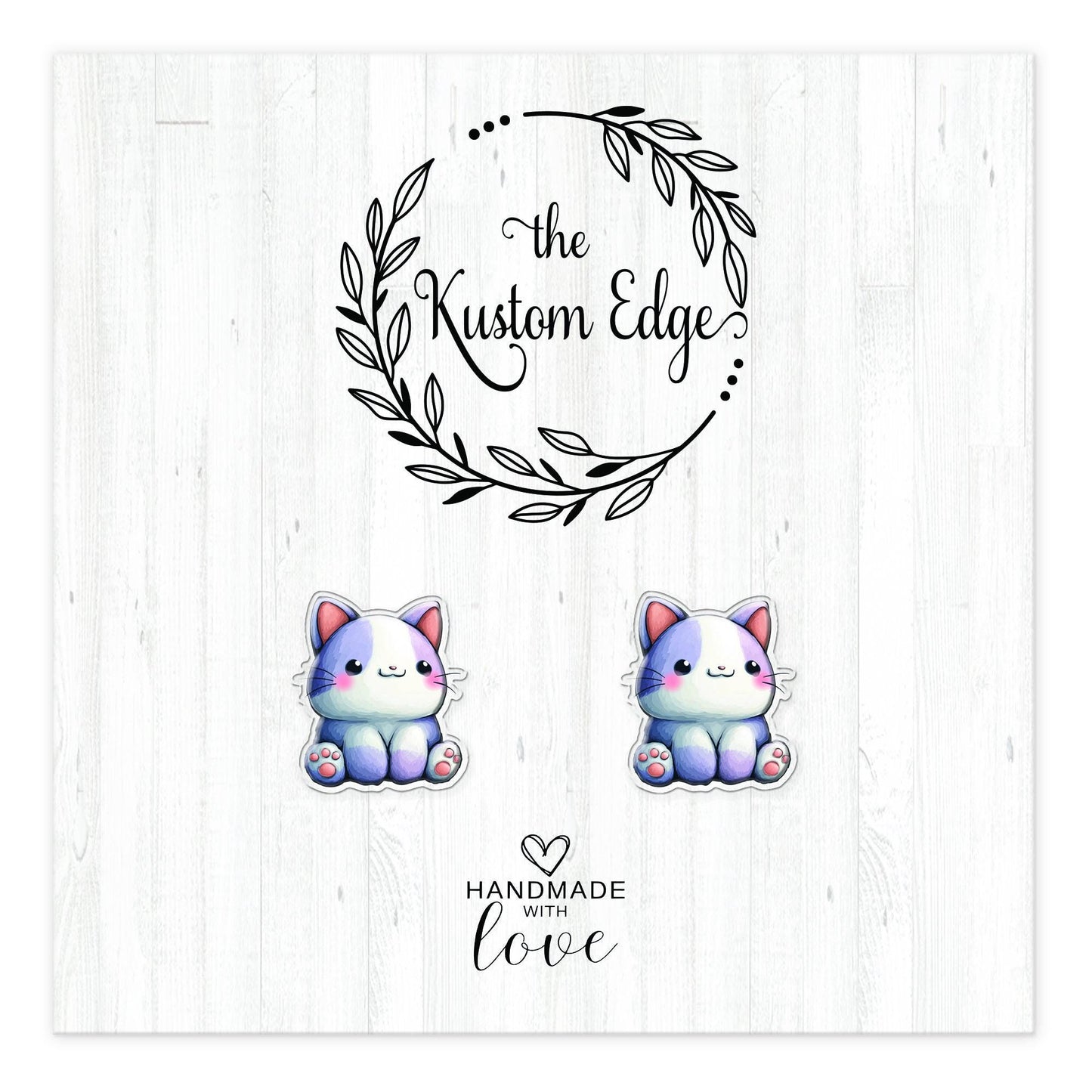 Pastel kitten stud earrings on The Kustom Edge branded earring card